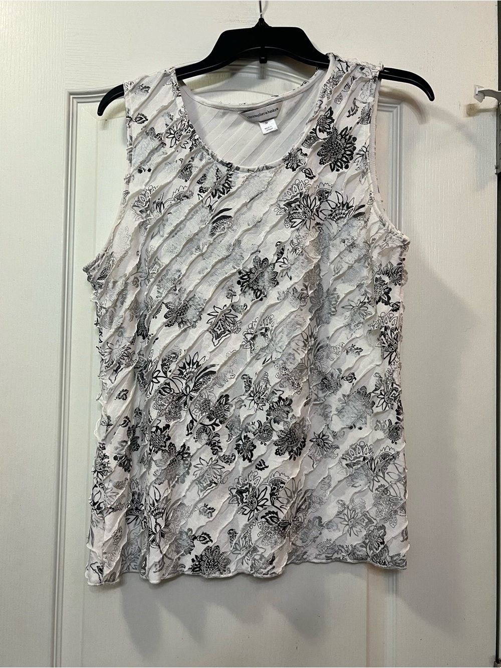 Christopher & Banks White Tank Top with Black Floral Print